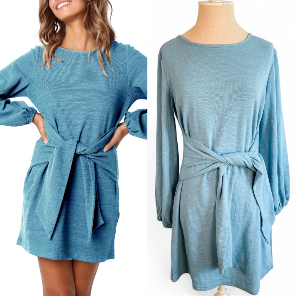 R. Vivimos Blue Long Sleeve Sweater Tie-Waist Dress